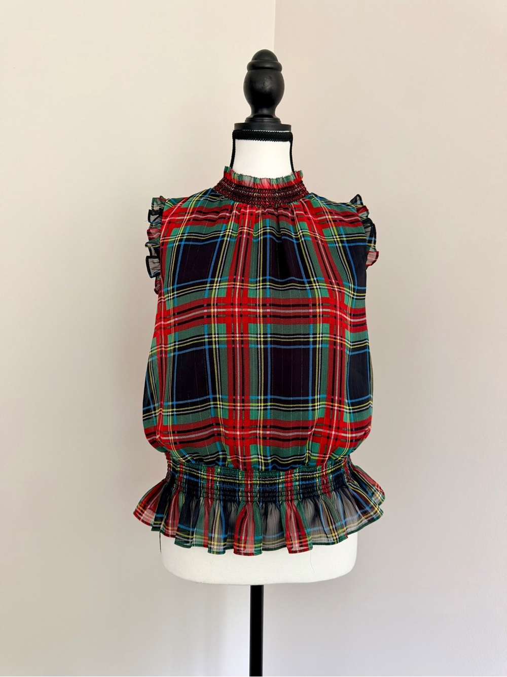 J.Crew Plaid Smocked Ruffle Sleeveless Blouse Size 2